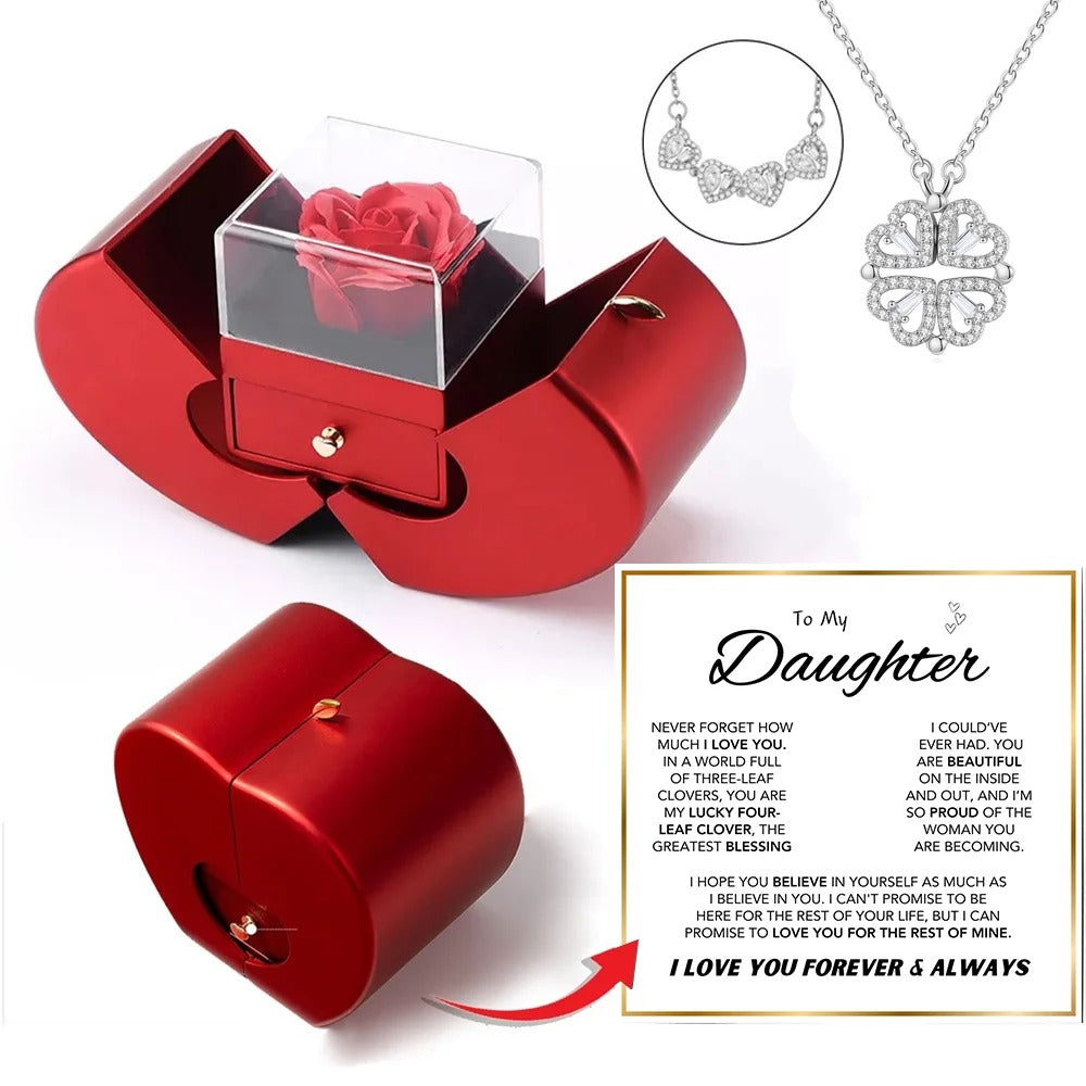 Sentimental letter to daughter included in Lucky Clover Necklace jewelry box with preserved rose - perfect mother-daughter gift